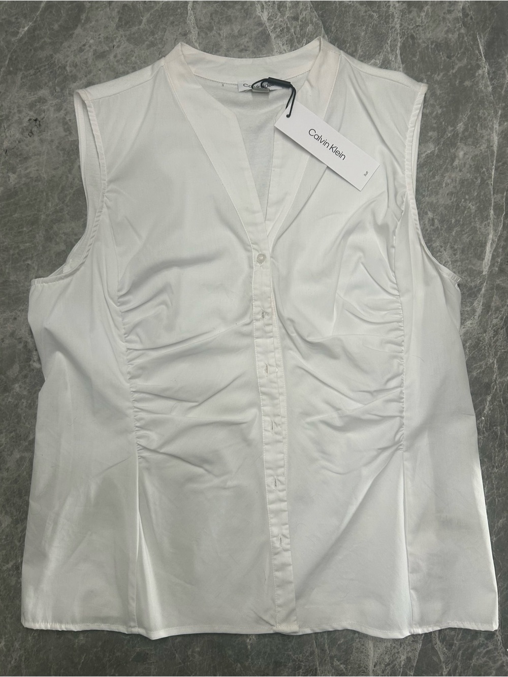 Calvin Klein White Sleeveless V-Neck Ruched Blouse